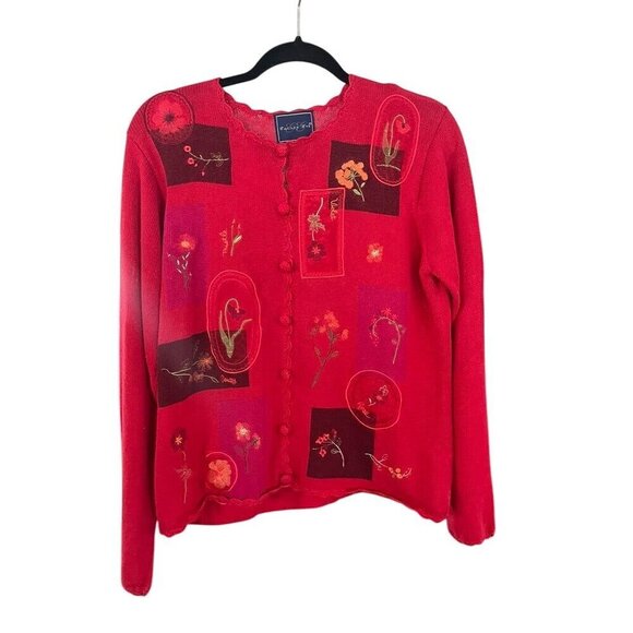 Eagles Eye Sweater Women M Red Heirloom Floral Granny Festive Artsy Mature Soft - Picture 1 of 16